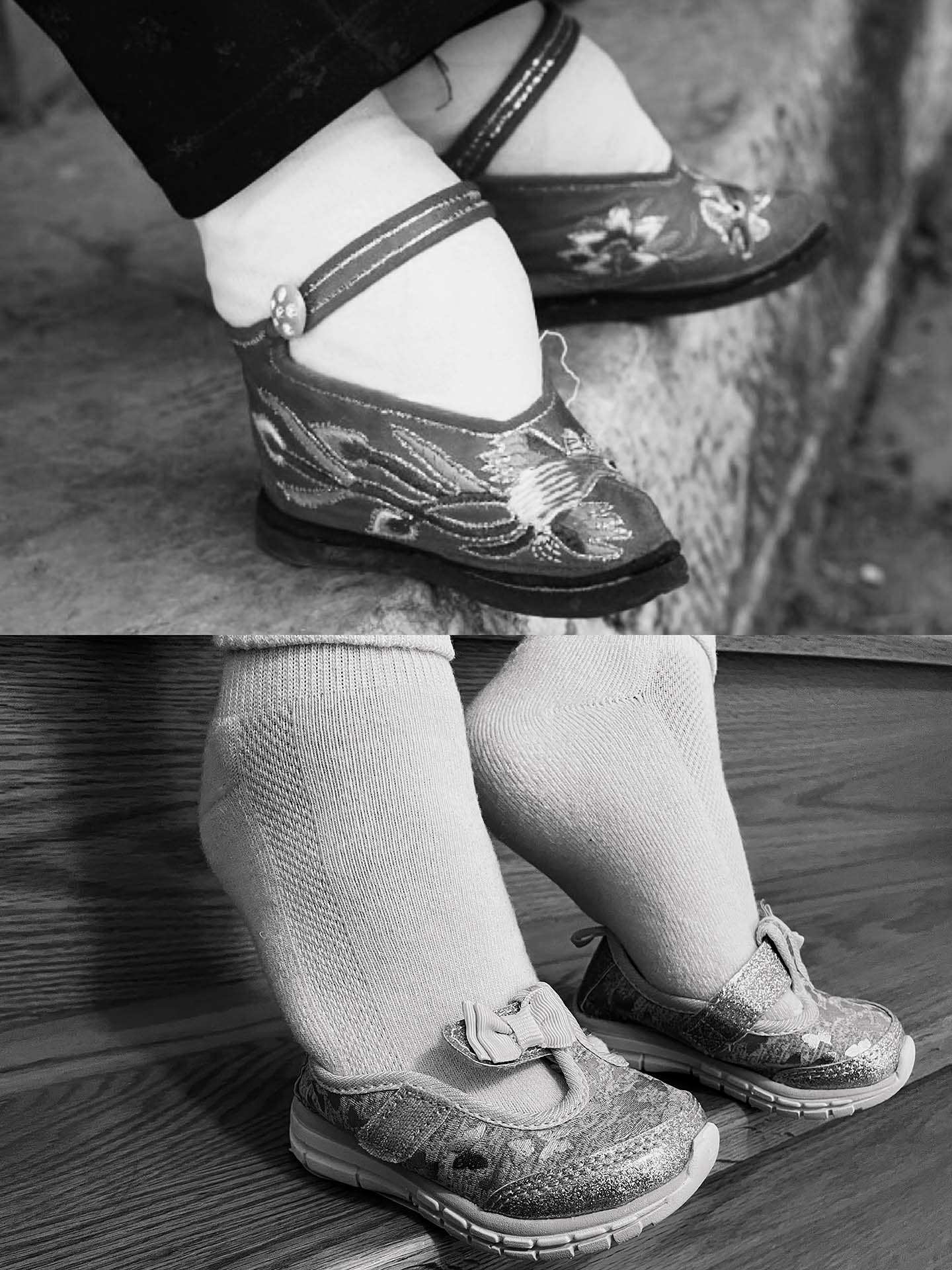 On the top of the image is a Chinese woman wearing her shoes in size 10 cm. On the bottom is me wearing a children’s shoe in size 11-12 cm.