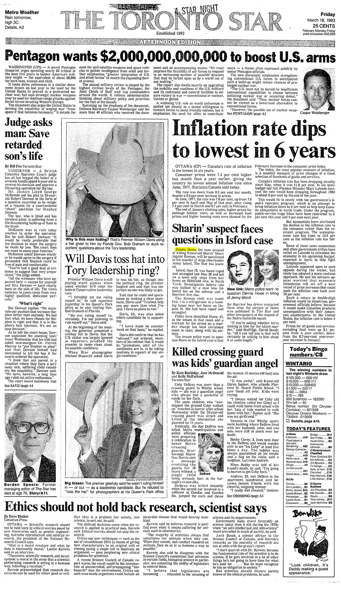 A Toronto Star article dated March 18th, 1983 featuring an article about Dennis Melvyn Howe.