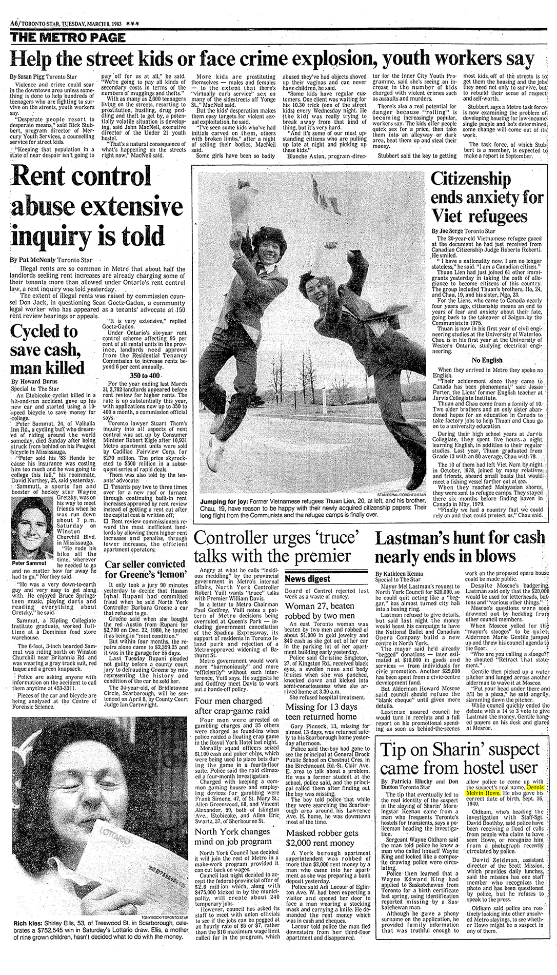 A Toronto Star article dated March 8th, 1983 featuring an article about Dennis Melvyn Howe.