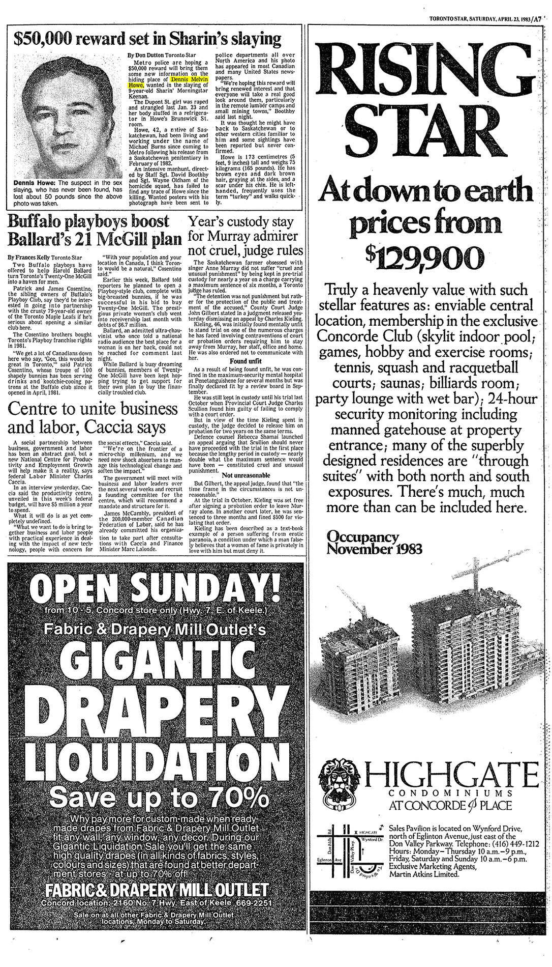A Toronto Star article dated April 23rd, 1983 featuring an article about Dennis Melvyn Howe.