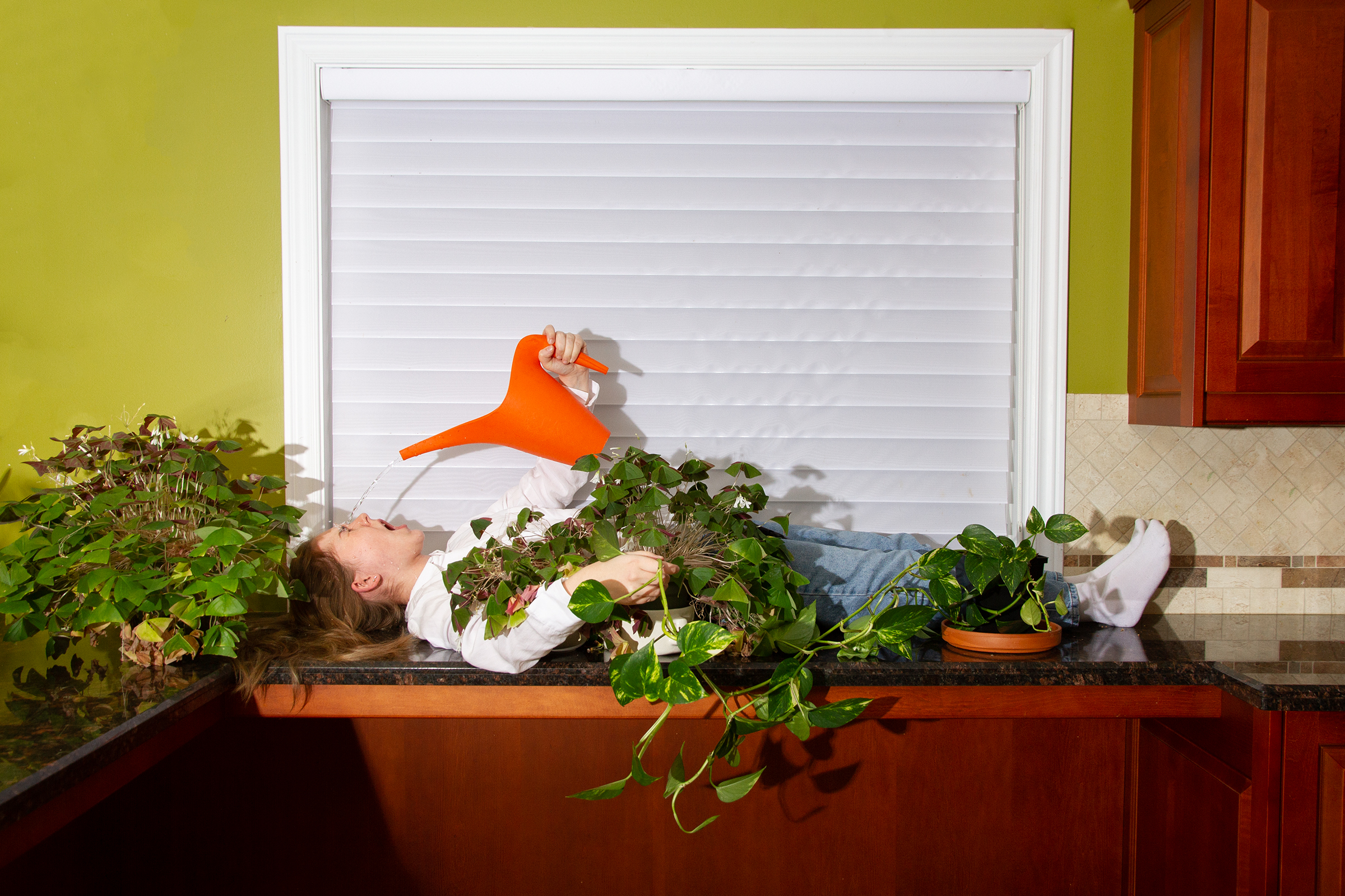 A person lies on a countertop behind an arrangement of plants. They are pouring water from a watering can onto their face. A shadow is cast upon the window curtains behind.
