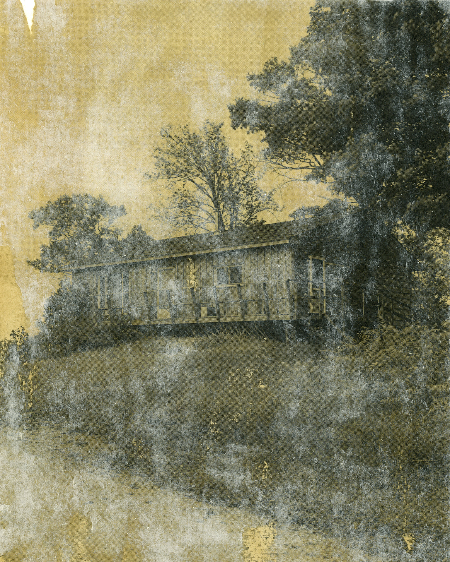 House at The Point: A black and white image of an old wooden house with a wrap around balcony sits on top of a small hill, surrounded by trees on either side. A dirt path is visible in the bottom left corner of the image. The image has been transferred to a piece of watercolour paper dyed with Sage that is green-brown in colour.