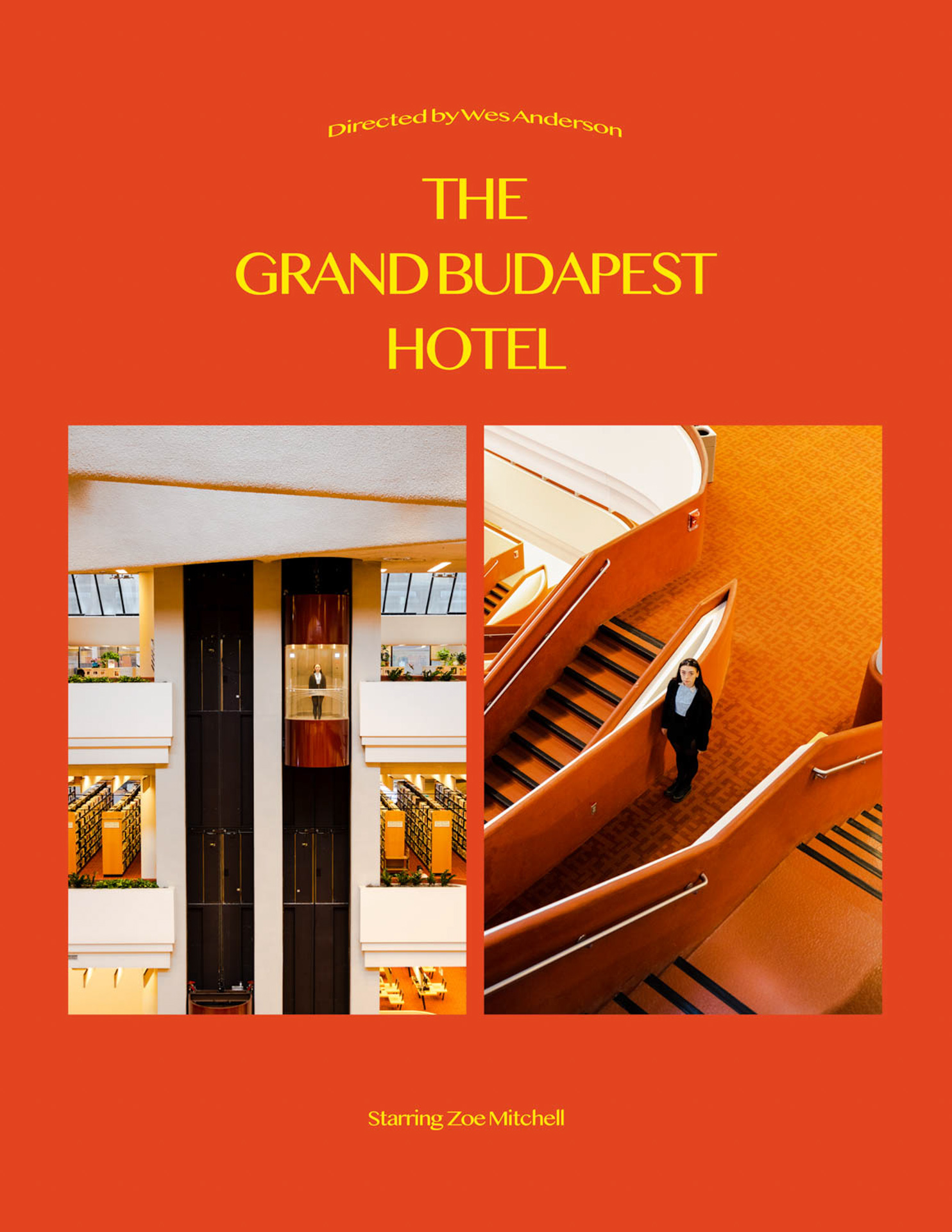 A poster like image that has a title of The Grand Budapest Hotel, There is two images featured, one of a library elevator that has a someone ridinging in it and the other of a person standing in a stair hallway