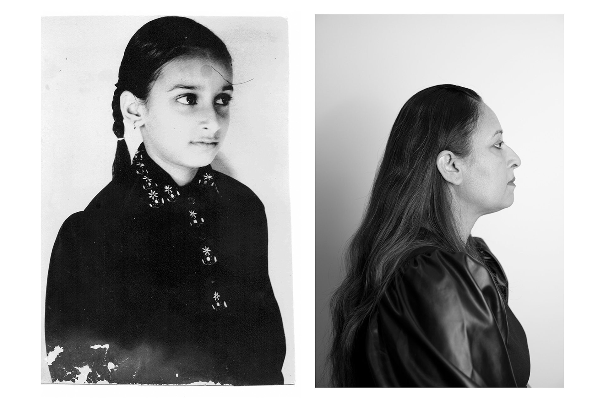 This photo consists of a diptych containing an old and recent photograph of the same woman. The photo on left is of a young girl, whose hair is braided into two as she wears an black collared shirt with embroidered flowers on the collar. The photo on the right is of an older woman, facing to the right looking ahead. She is wearing a shiny black blouse and has long black hair.