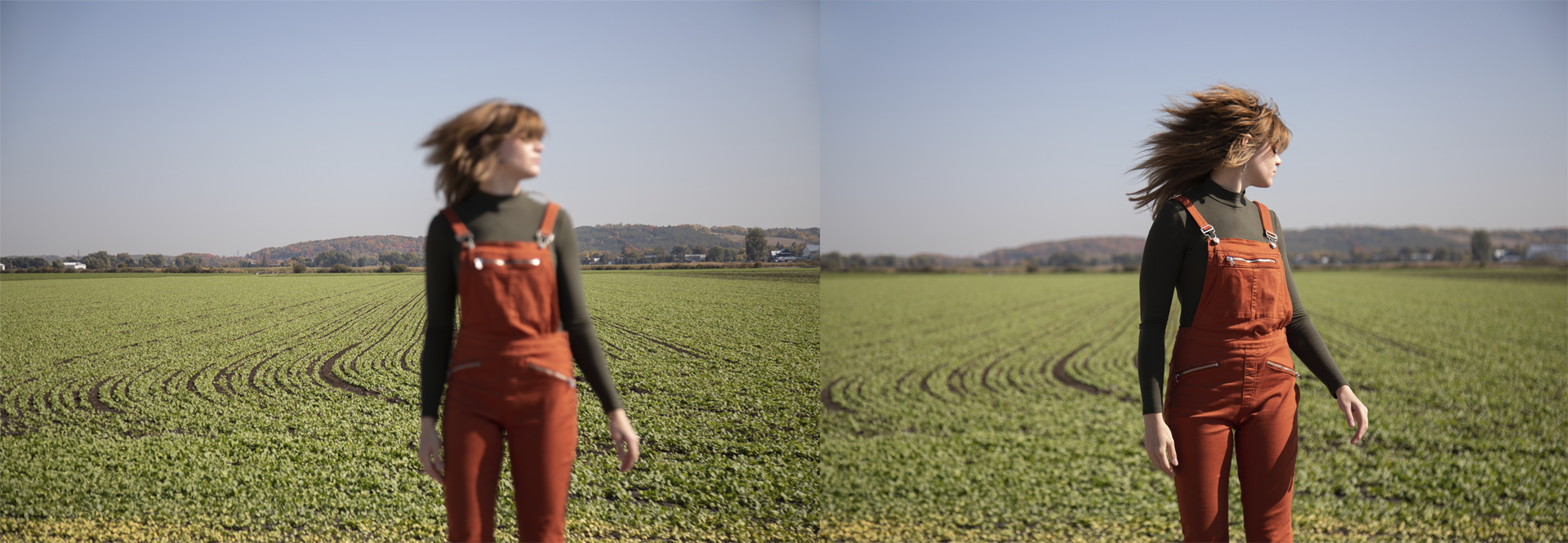 Carrot Fields: two images of the same woman standing in front of a farm field on a sunny day. Her hair is being blown in the wind as she turns her head. In the first image the woman is out of focus and the background is sharp. In the second image the woman is in focus and the background is blurred.