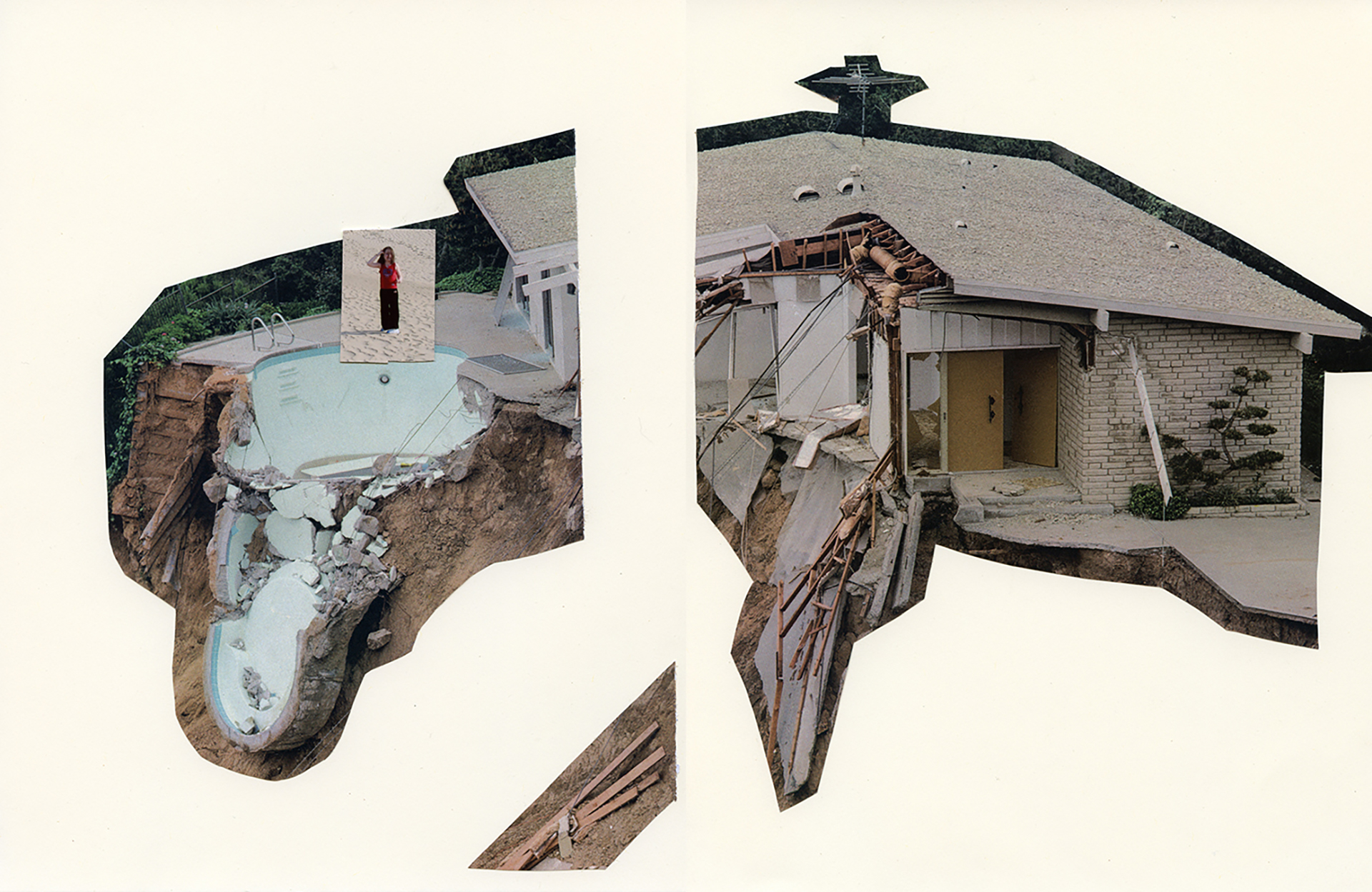 I Am Easy to Find: Two cut-outs of found imagery of a crumbling house and pool area. These pieces sit on top of an off-white backdrop. An additional cutout of a photo of a girl at the beach sits on top of it