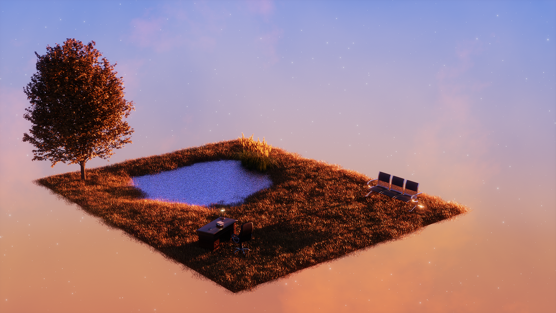 A meadow of wilting brown grass with a pond, an office desk, a waiting room chair bench, and a tree, floating in an orange sky at sunset.