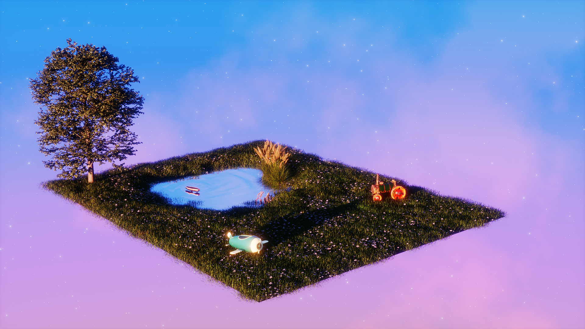 A grassy meadow with a pond, a tree, a toy plane, and a toy tractor, floating in a pink and blue morning sky.