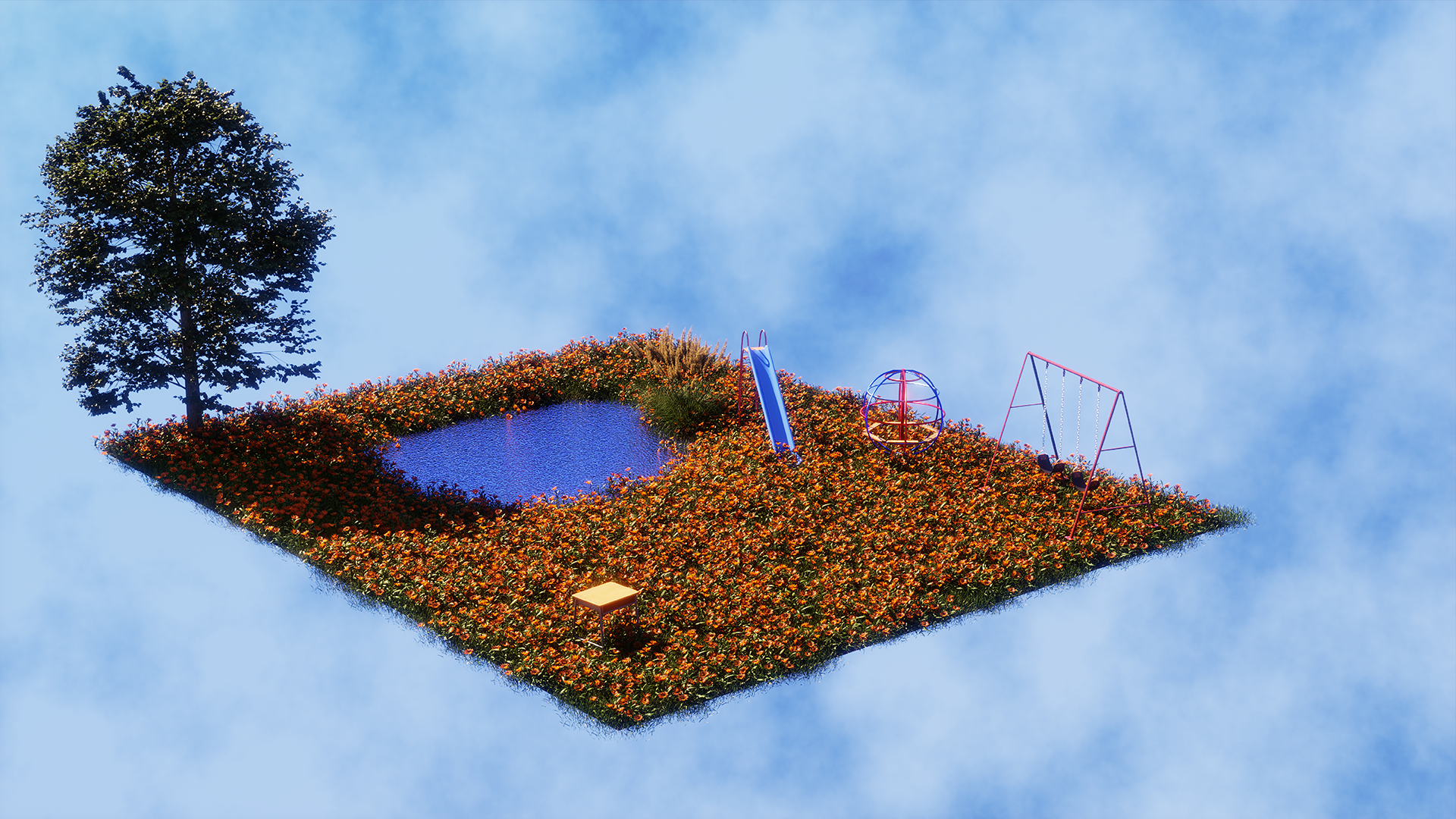 A meadow filled with marigold flowers with a pond, a slide, a play structure, a swing set, a school desk, and a tree, floating in a blue sky and white clouds.