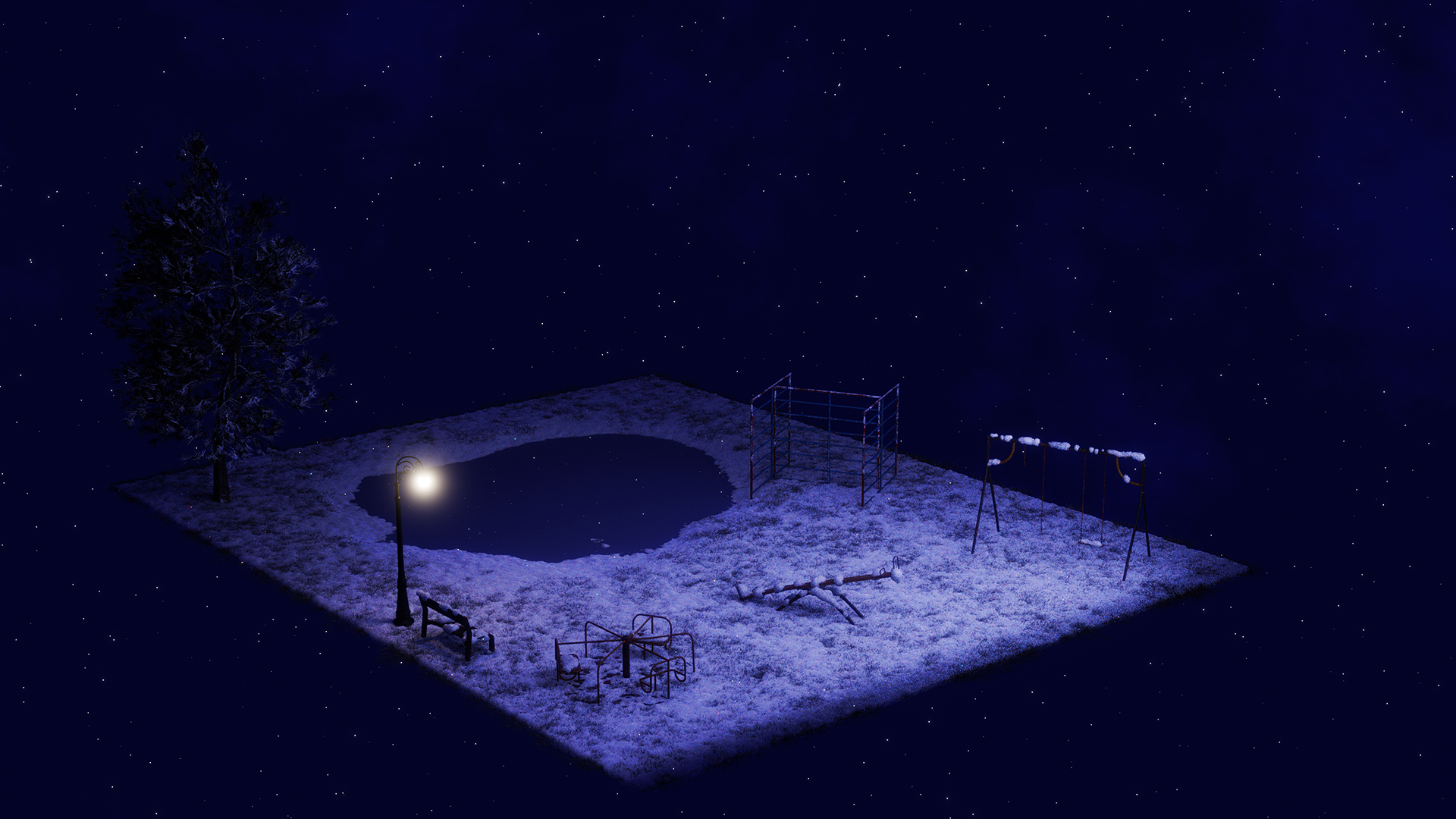 A snowy plane with a frozen pond, a tree, a broken down and abandoned playground, a park bench, and an illuminating street lamp floating in a night sky lit by stars.