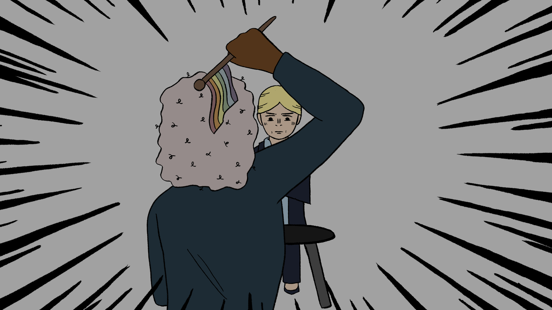 A still from an animated short film of the main character in the therapist's office holding the rainbow pride flag over their head by the small flagpole like a knife towards the therapist. The main character's back is towards us while the therapist is facing the camera. The main character is wearing a dark blue sweater. The therapist is a blonde middle-aged woman with her hair in a tight bun. She is wearing a dark blue business suit and a light blue dress shirt underneath. The grey three-legged table can be seen between the main character and the therapist. Various comic action lines can be seen around the edges of the still.