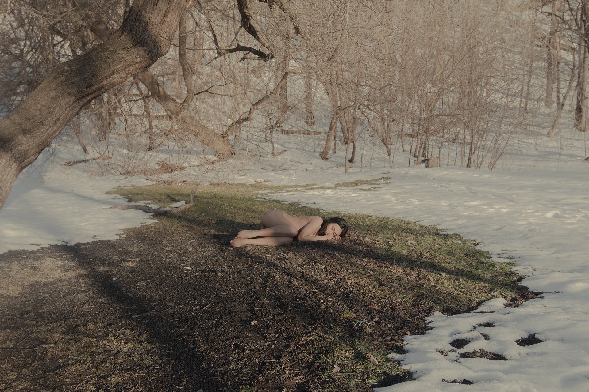 Chelsey: In a forest in the winter, a nude feminine figure lies with eyes closed in a circle of grass where the outside is surrounded by snow.
