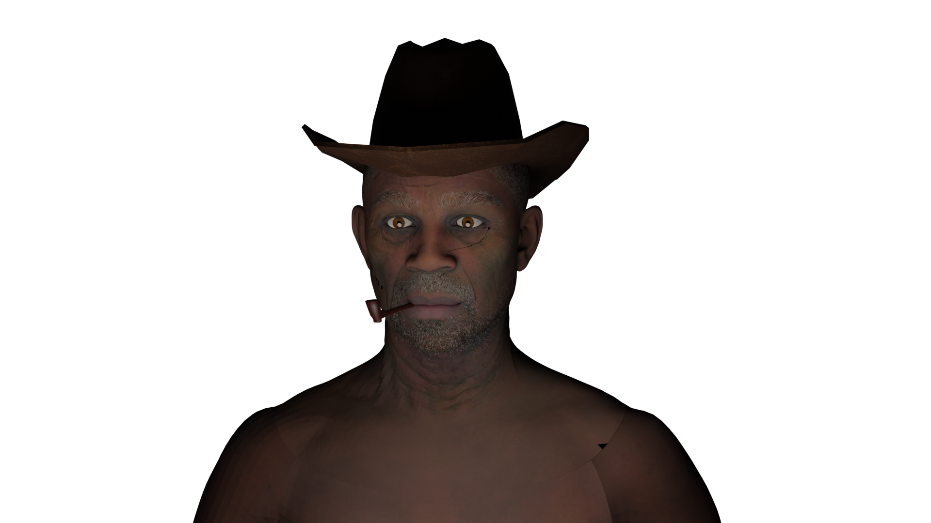A 3D sculpted man stares beyond the camera with a hat on his head and a pipe in his mouth.