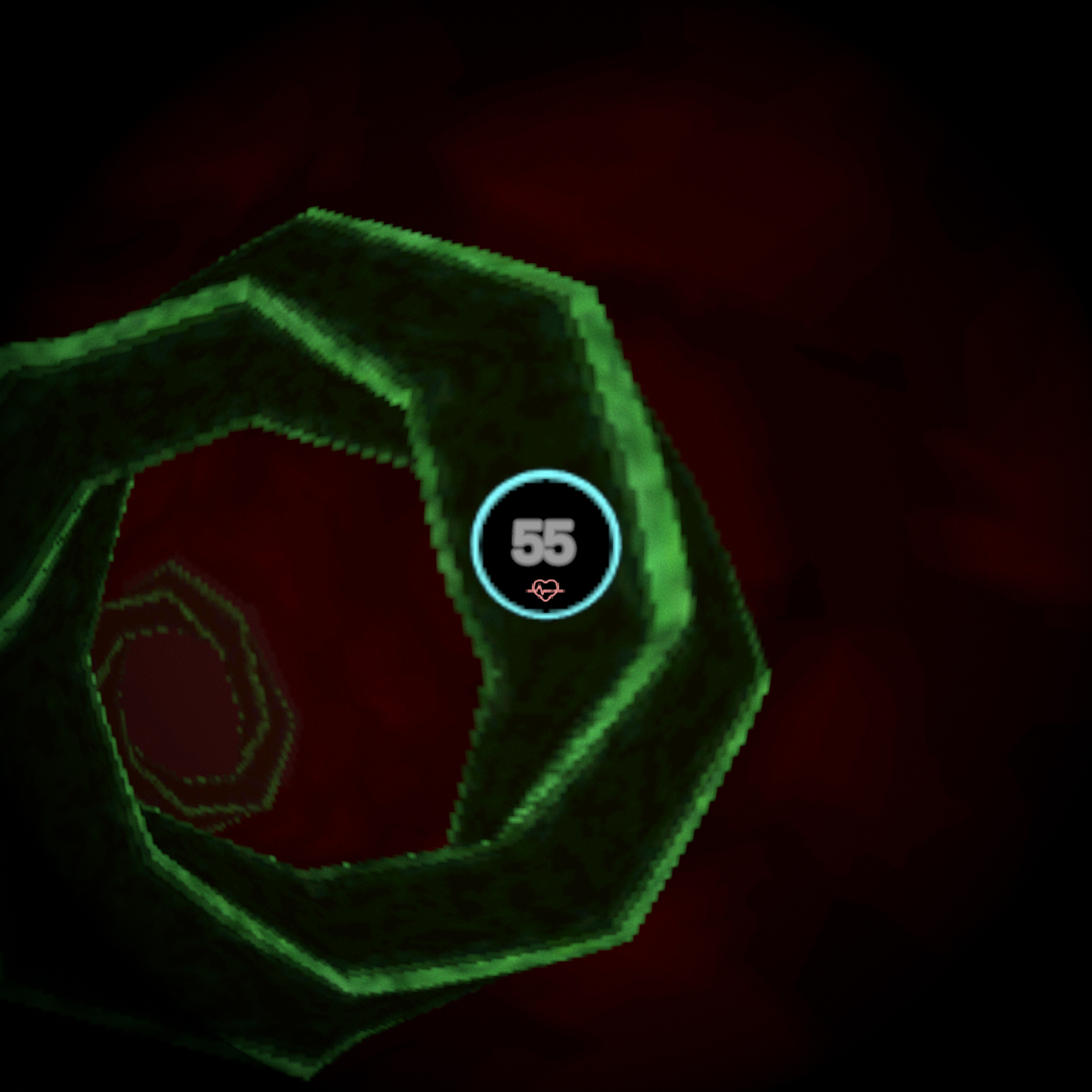 A first-person perspective from inside a dark, low resolution red tunnel. There is a user interface on the center encircled by a blue cirble, and contains the number 55 and a small red heart icon. The tunnel is rimmed by two glowing green spiral-shaped rings, one in front of the other.