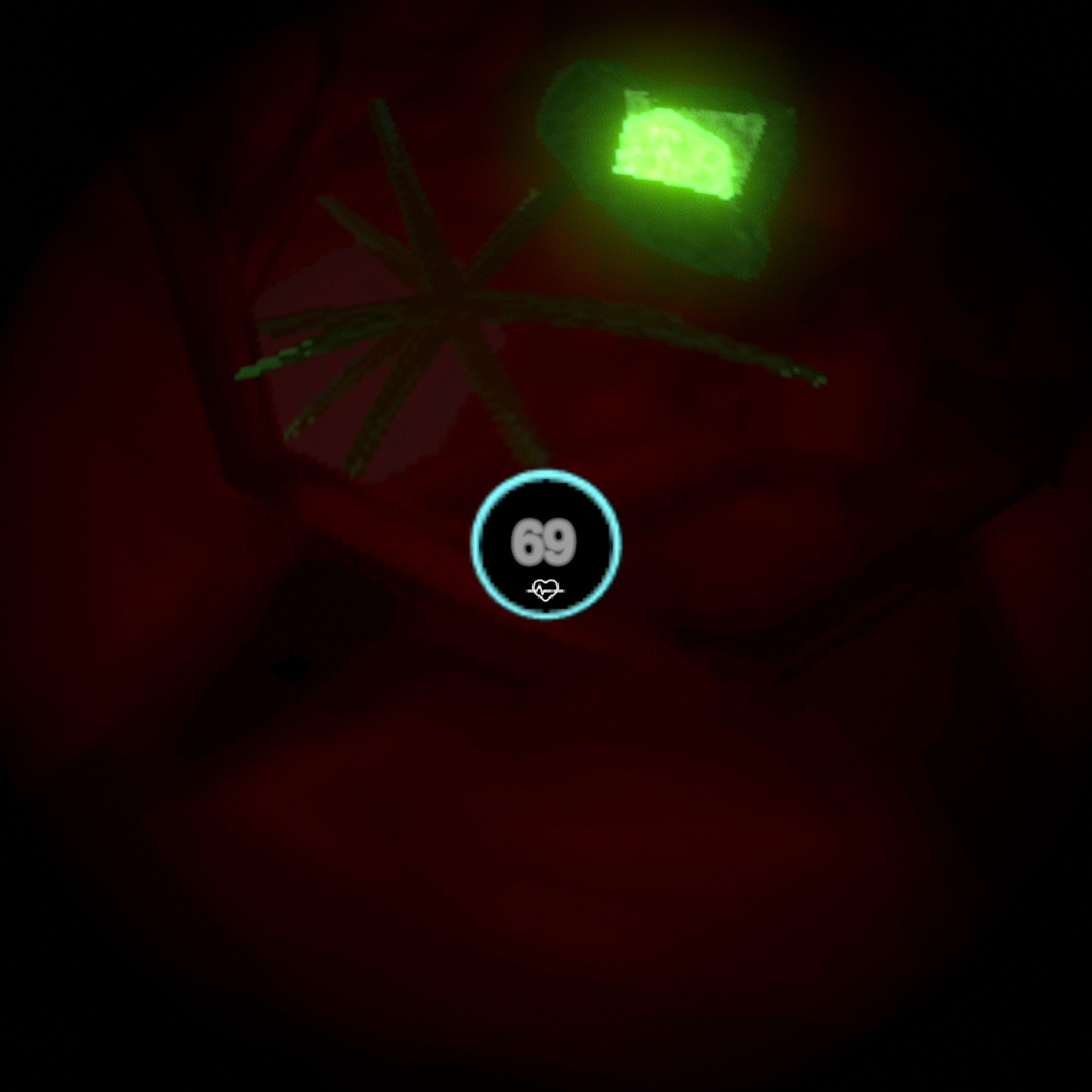 A first-person perspective from inside a dark, low resolution red tunnel. There is a user interface on the center encircled by a blue cirble, and contains the number 69 and a small white heart icon. Further down the tunnel is a green spike ball with long spikes that reaches the width of the tunnel. Slightly closer is another spherical green shape with a bright green glowing center that's exposed at the front.