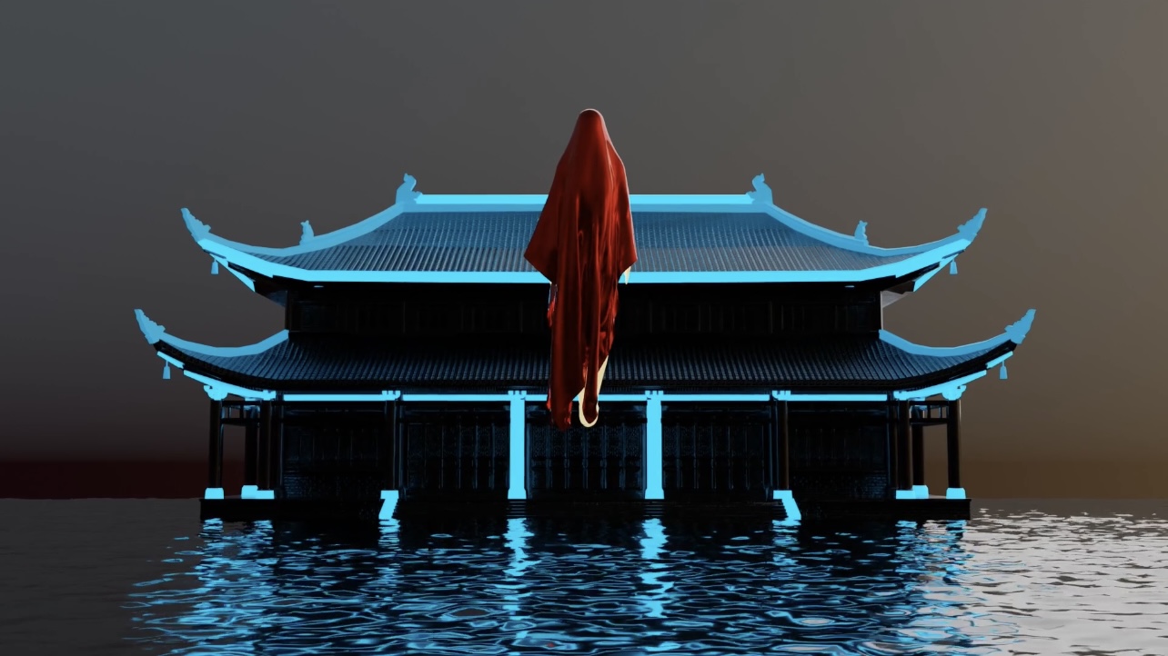 The Grand Hotel: The floating red ghost floats in front of the neon-lightened traditional Chinese palace (The Grand Hotel of The Nether World), with shallow water, light breeze, and fill-light coming in from the right side.