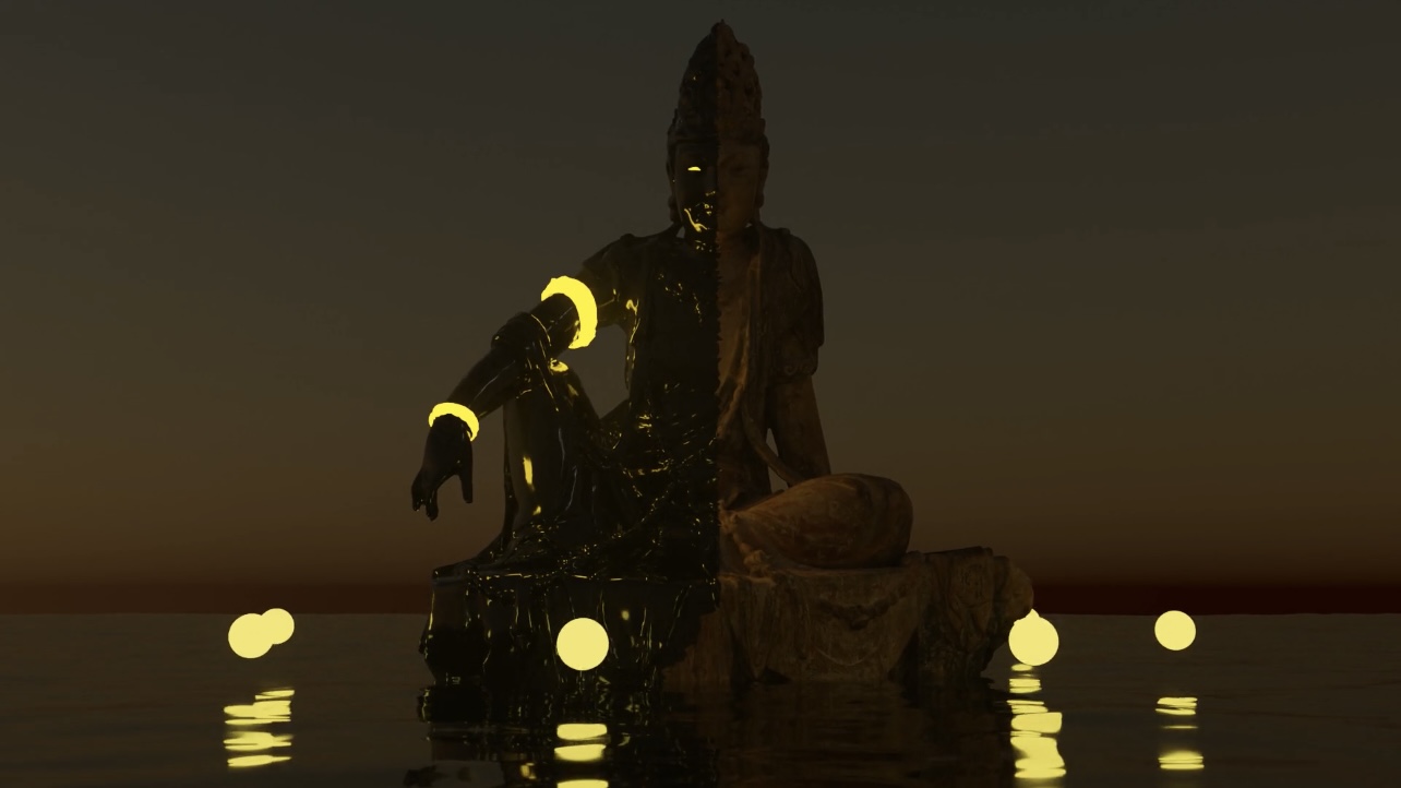 The Grand Hotel: The half-sci-fi and neon-lightened gigantic statue of the GuanYin (Chinese mythological figure), with shallow water, lighting strikes, and eight floating spheres spinning around the base.