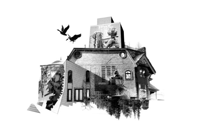 A black and white digital collage of a building centred in the imag