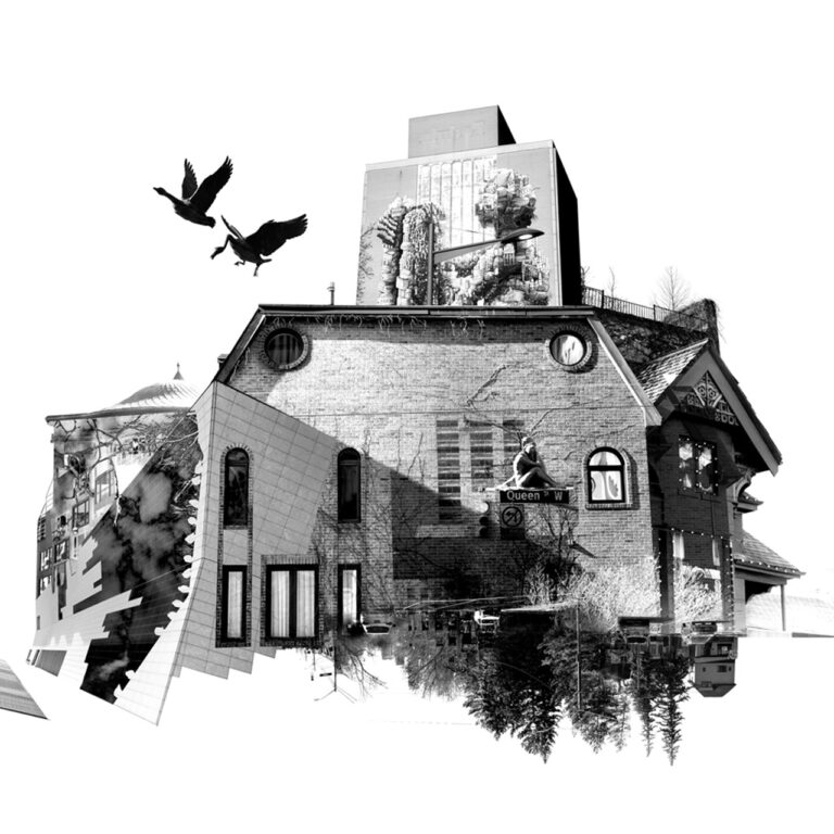 A black and white digital collage of a building centred in the imag