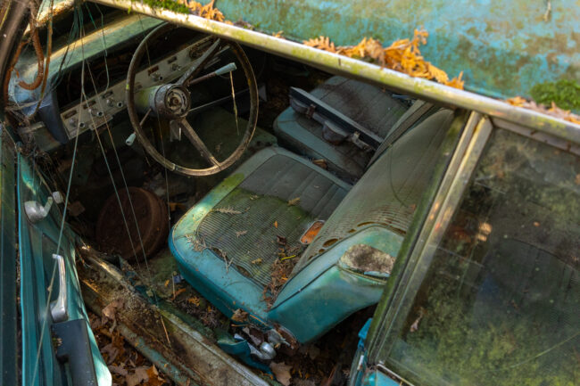 An above-angle view of the steering wheel and driver's seat shot through the driver's door. The car's once vibrant teal colour still pops through underneath a growth of moss, grime, rust and decay that now covers it.