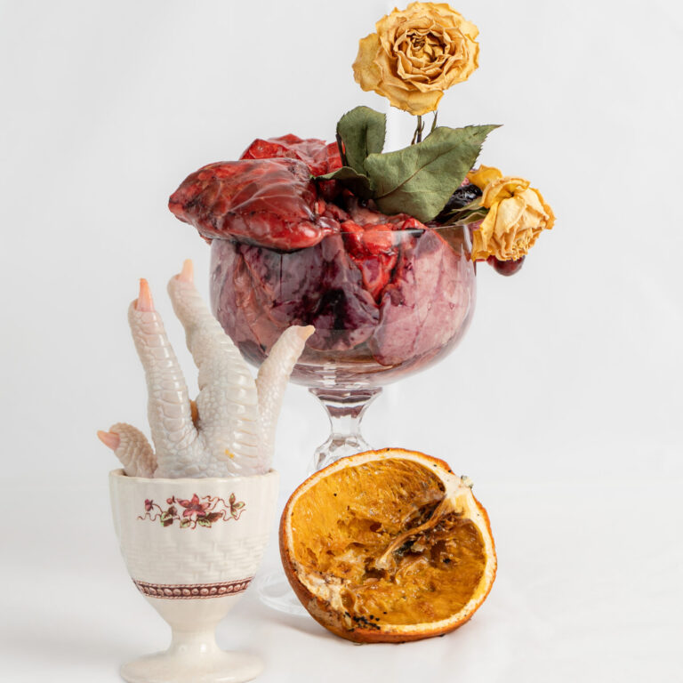 Image of chicken foot in egg stand with rotten orange and cup filled with cow lung and dying rose