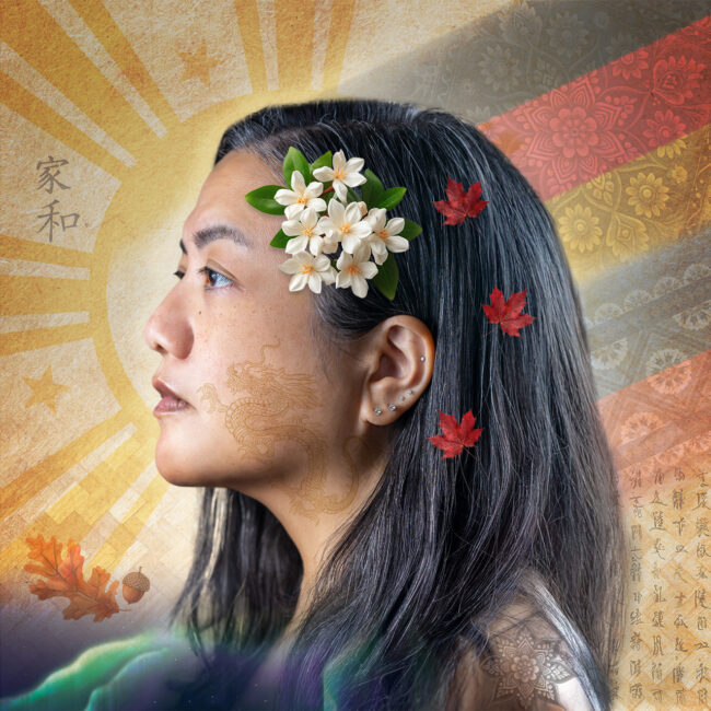 Landscapes of Identity is a mixed media digital artwork that embodies a complex narrative of cultural hybridity and identity. The composition centers around a semi-profile portrait of a woman, looking contemplatively towards the right. Her facial features are adorned with subtle, intricate tattoos reflecting Chinese characters and Filipino art, emphasizing a deep-rooted connection to her heritage. Her hair is embellished with Sampaguita flowers—a national symbol of the Philippines—and interspersed with autumnal maple leaves, symbolizing her Canadian ties. The background melds symbolic Bavarian patterns from her German heritage with oriental and Canadian motifs like the Northern Lights and maple leaves adoring her hair, creating a tapestry of cultural identity. This artwork weaves together symbols of Filipino, Chinese, German, and Canadian origins to explore the evolving nature of hybrid identity in a globalized world.