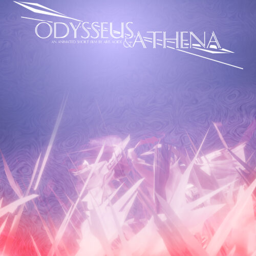 A striking movie poster for 'Odysseus & Athena,' an animated short film by Aris Aoide. The title, rendered in sleek white outlined capitals with decorative lines, is placed on a deep to light purple gradient background with a subtle, organic swirl pattern. The lower two-thirds of the poster are filled with a vibrant, abstract composition of numerous translucent, sharp-edged forms resembling crystals or shattered glass, glowing in shades of bright pink, lavender, and white. These forms are densely packed and extend upwards, creating an energetic and ethereal visual.