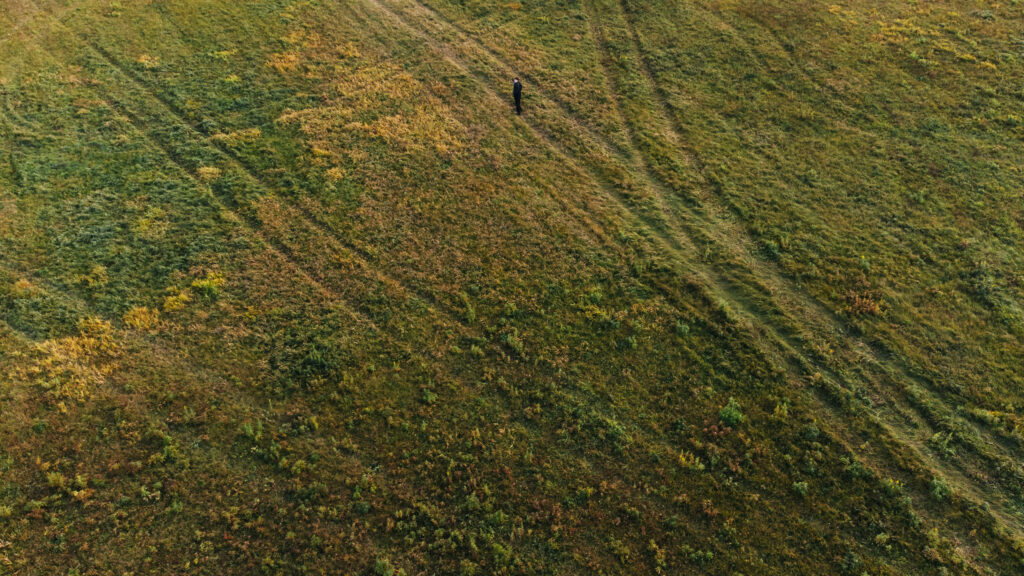 A high-angle drone shot captures a lone person standing near the center of a large, uncultivated field. The field is a mix of vibrant green and dry golden-brown grasses, with several faint, parallel tracks running diagonally across the undulating terrain, highlighting the smallness of the human figure against the expansive natural landscape.