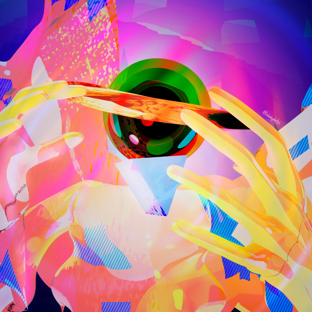 A highly detailed, psychedelic digital artwork with an overall diagonal scanline pattern. The central focus is a large, dark circular form, resembling an eye with a deep green iris and glinting red and white reflections, partially obscured by an orange-red textured beam. Two glowing, translucent yellow, abstract hand-like forms extend from the left and right, seemingly holding this beam. The vibrant background is a complex interplay of neon pinks, purples, and blues, featuring speckled pink textures, striped blue and purple geometric shapes, and smooth color gradients, creating a dynamic, otherworldly aesthetic. The artist's handle, '@shahphotos', is subtly visible in the upper right.