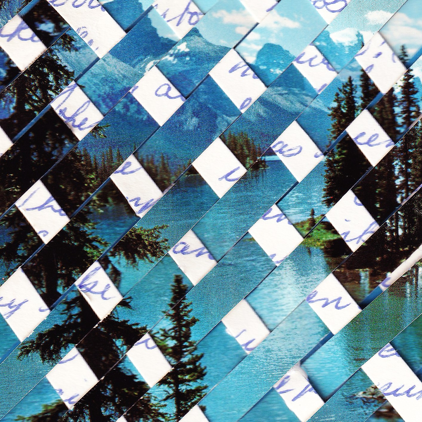 A close-up diagonal woven paper collage Blue strips depicting parts of a serene landscape with lakes evergreen trees and distant mountains under a cloudy sky are interwoven with white strips that show fragmented purple cursive handwriting The weaving creates a grid of diamond shapes giving a handcrafted textural feel to the image